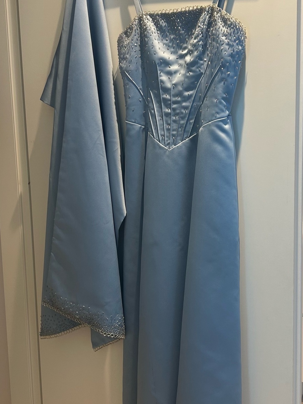 Light Blue Satin Evening Dress with Beaded Bodicem